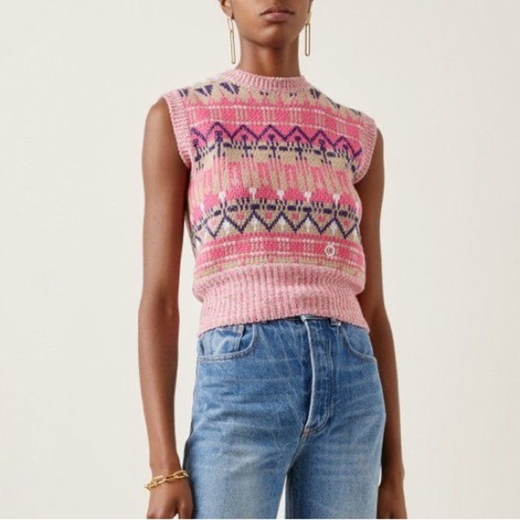 Paco Rabanne Pink Fair Isle Wool Blend Knit Sweater Vest - Picture 1 of 10